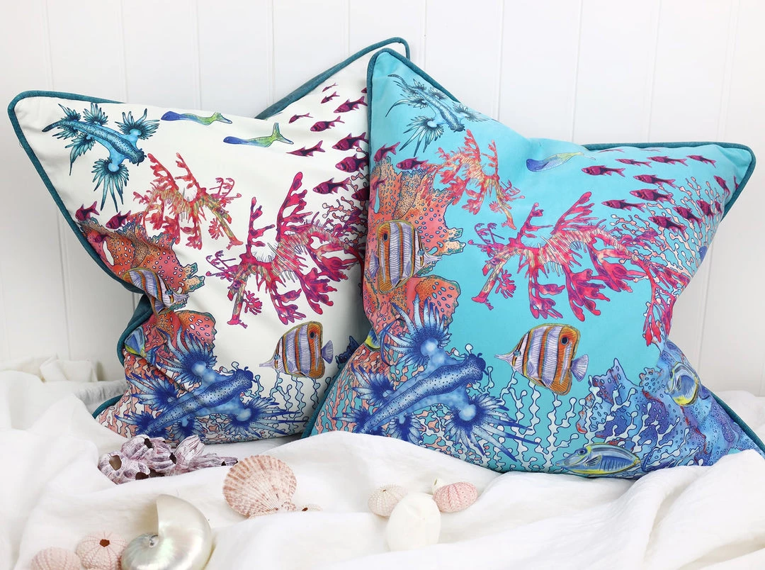 Magic Textiles New Arrivals Coral Bay Cushion Cover On White Velvet 2 Magic Textiles New Arrivals Coral Bay Cushion Cover On White Velvet