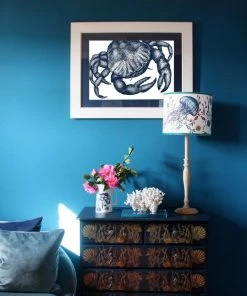 Cream Cornwall Wall Decor Crab Art Print In Blue On White In Three Sizes - A2, A3 And A4