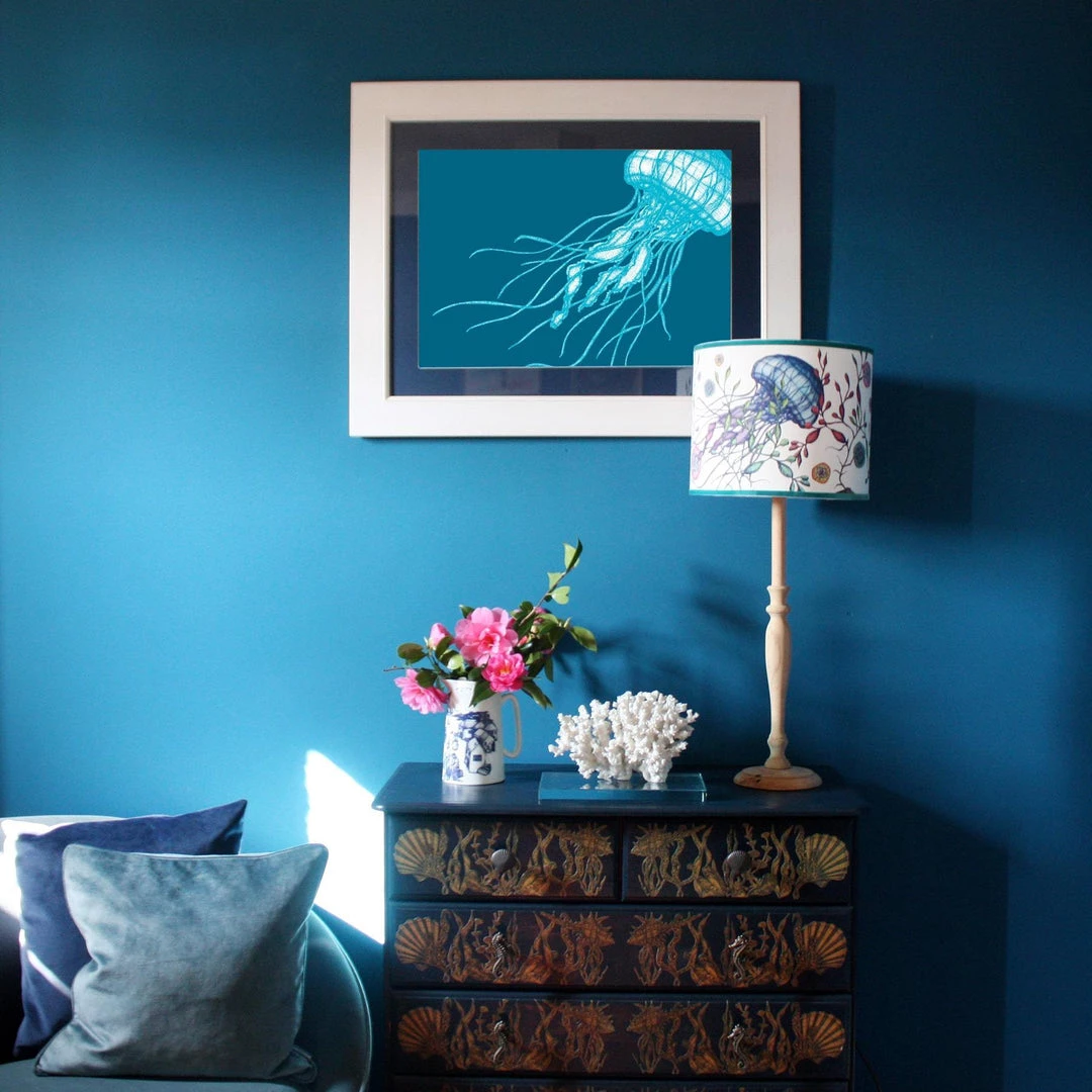Cream Cornwall Wall Decor Jellyfish Art Print In Turquoise And Blue In Three Sizes - A2, A3 And A4 5 Cream Cornwall Wall Decor Jellyfish Art Print In Turquoise And Blue In Three Sizes - A2, A3 And A4