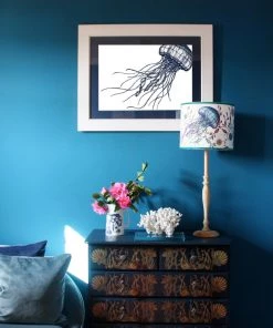 Cream Cornwall Wall Decor Jellyfish Art Print In Blue On White In Three Sizes - A2, A3 And A4