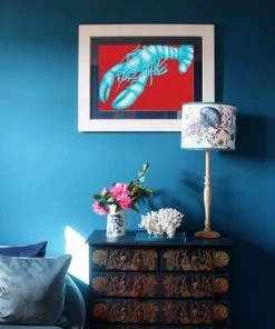 Cream Cornwall Wall Decor Lobster Art Print In Turquoise And Red In Three Sizes - A2, A3 And A4