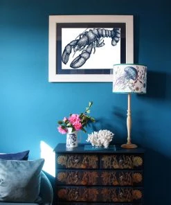 Cream Cornwall Lobster Art Print In Blue On White In Three Sizes - A2, A3 And A4