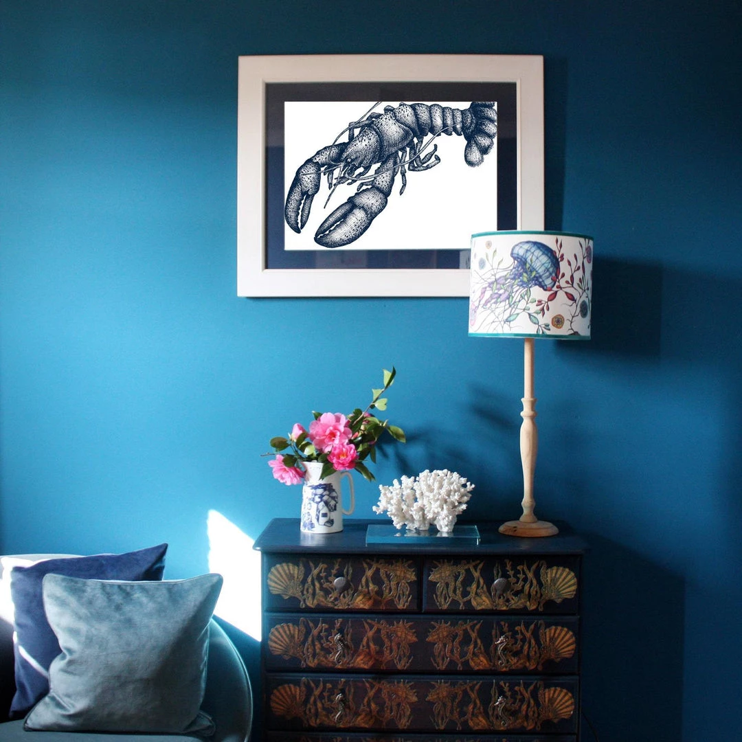 Cream Cornwall Lobster Art Print In Blue On White In Three Sizes - A2, A3 And A4 2 Cream Cornwall Lobster Art Print In Blue On White In Three Sizes - A2, A3 And A4