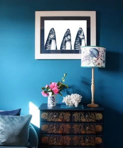 Cream Cornwall Wall Decor Three Mackerel Art Print In Blue On White In Three Sizes