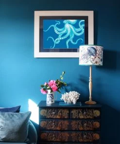 Cream Cornwall Octopus Art Print In Turquoise And Blue In Three Sizes - A2, A3 And A4