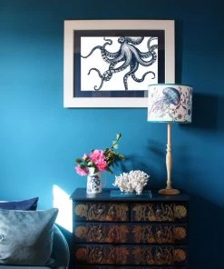 Cream Cornwall Wall Decor Octopus Art Print In Blue On White In Three Sizes - A2, A3 And A4