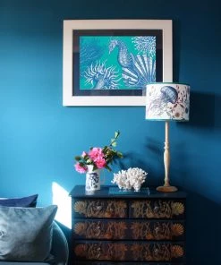 Cream Cornwall Seahorse Scene Art Print In Turquoise And Blue In Three Sizes - A2, A3 And A4