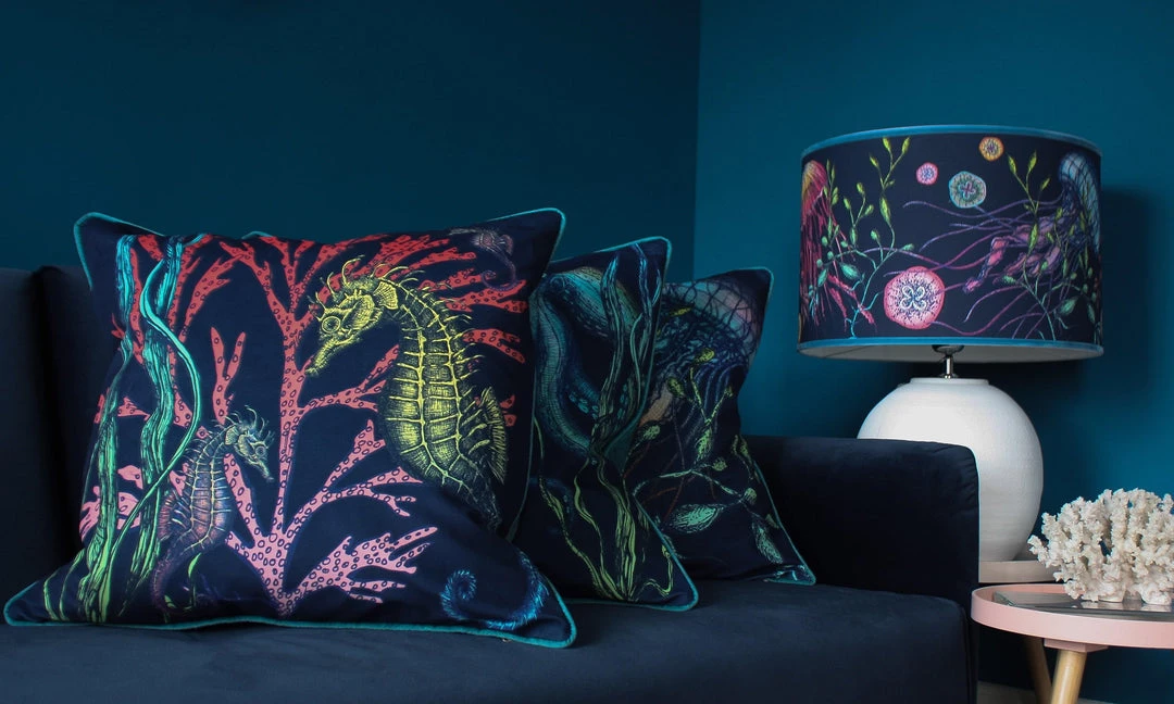 Magic Textiles Ningaloo Reef Seahorse Velvet Cushion Cover On Navy Velvet Homeware 3 Magic Textiles Ningaloo Reef Seahorse Velvet Cushion Cover On Navy Velvet Homeware
