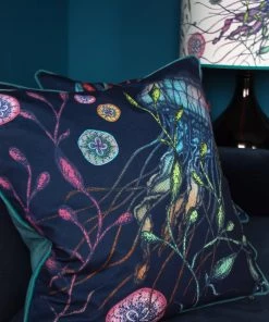 Magic Textiles Homeware Canyons Reef Jellyfish Velvet Cushion Cover On Navy Velvet