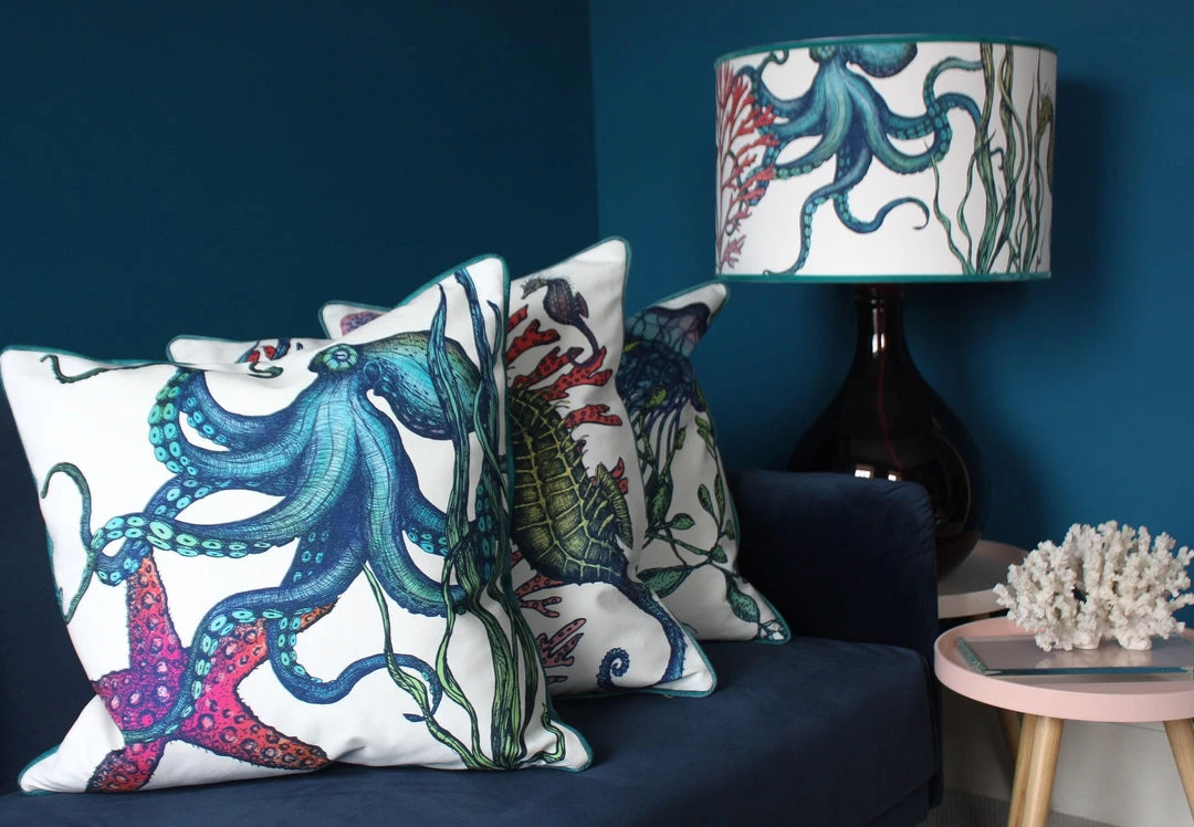 Magic Textiles Rainbow Reef Octopus Velvet Cushion Cover On White Velvet Homeware 3 Magic Textiles Rainbow Reef Octopus Velvet Cushion Cover On White Velvet Homeware