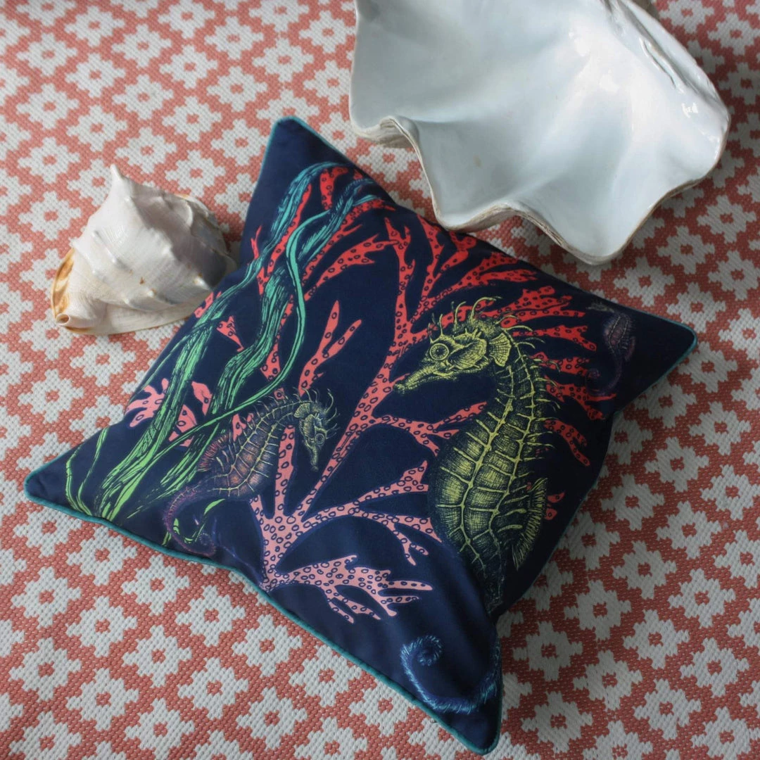 Magic Textiles Ningaloo Reef Seahorse Velvet Cushion Cover On Navy Velvet Homeware 4 Magic Textiles Ningaloo Reef Seahorse Velvet Cushion Cover On Navy Velvet Homeware