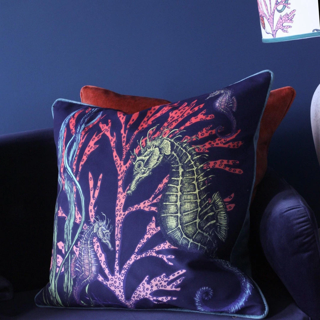 Magic Textiles Ningaloo Reef Seahorse Velvet Cushion Cover On Navy Velvet Homeware 5 Magic Textiles Ningaloo Reef Seahorse Velvet Cushion Cover On Navy Velvet Homeware