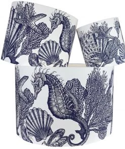 Cream Cornwall Marine Blue On White Seahorse & Shells Lampshade Homeware