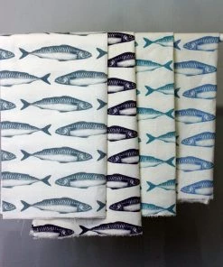Magic Textiles Mackerel Organic Linen Fabric - Cornish Blue On Natural Homeware