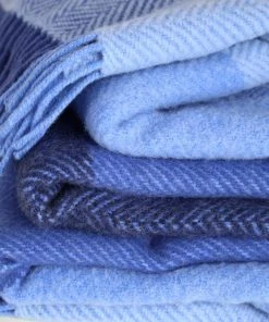 John Hanly Homeware Cashmere Throw Blue Mix Herringbone Block