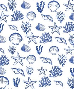Magic Textiles Shells, Seaweed & Starfish Organic Linen Fabric - Cobalt On Off-White
