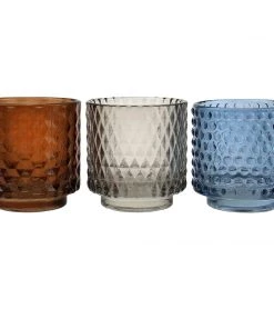 Light & Living Set Of Three Glass Tea Lights-Blue/Light Grey/Brown