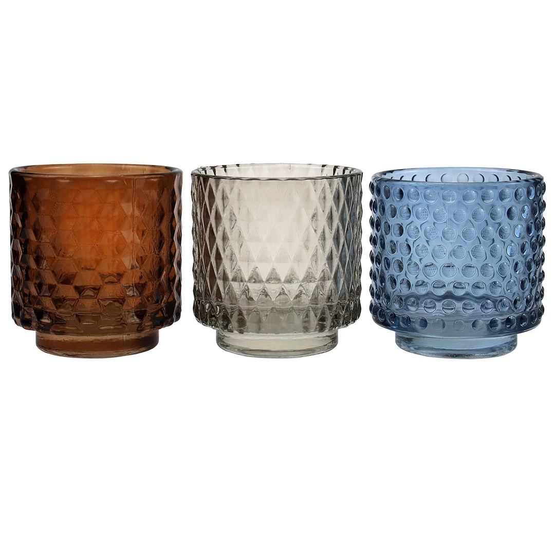 Light & Living Set Of Three Glass Tea Lights-Blue/Light Grey/Brown 1 Light & Living Set Of Three Glass Tea Lights-Blue/Light Grey/Brown