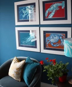 Cream Cornwall Wall Decor Crab Art Print In Bright Blue And Orange In Three Sizes - A2, A3 And A4