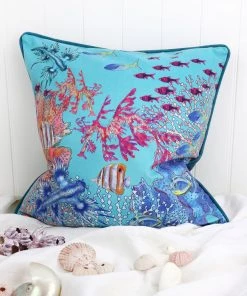 Magic Textiles New Arrivals Coral Bay Cushion Cover On Turquoise Velvet