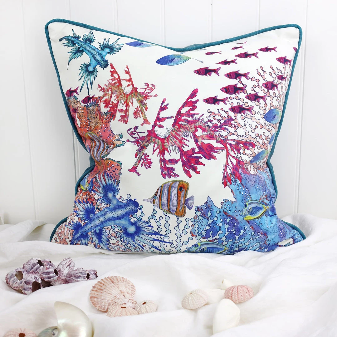 Magic Textiles New Arrivals Coral Bay Cushion Cover On White Velvet 4 Magic Textiles New Arrivals Coral Bay Cushion Cover On White Velvet