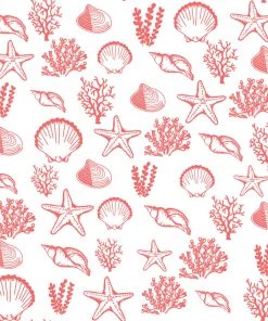 Magic Textiles Shells, Seaweed & Starfish Organic Linen Fabric - Coral On Off-White