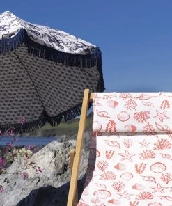 Magic Textiles Shells, Seaweed & Starfish Organic Linen Fabric - Coral On Off-White