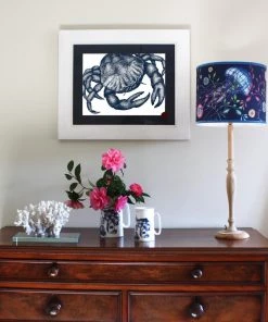 Cream Cornwall Wall Decor Crab Art Print In Blue On White In Three Sizes - A2, A3 And A4