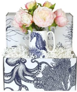 Cream Cornwall Seahorse Jug And Pink Peony Bouquet Hamper Collections