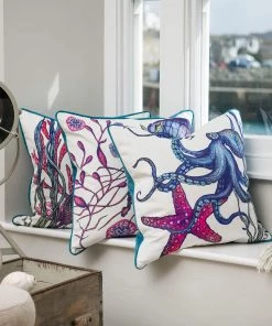 Magic Textiles Rainbow Reef Octopus Velvet Cushion Cover On White Velvet Homeware