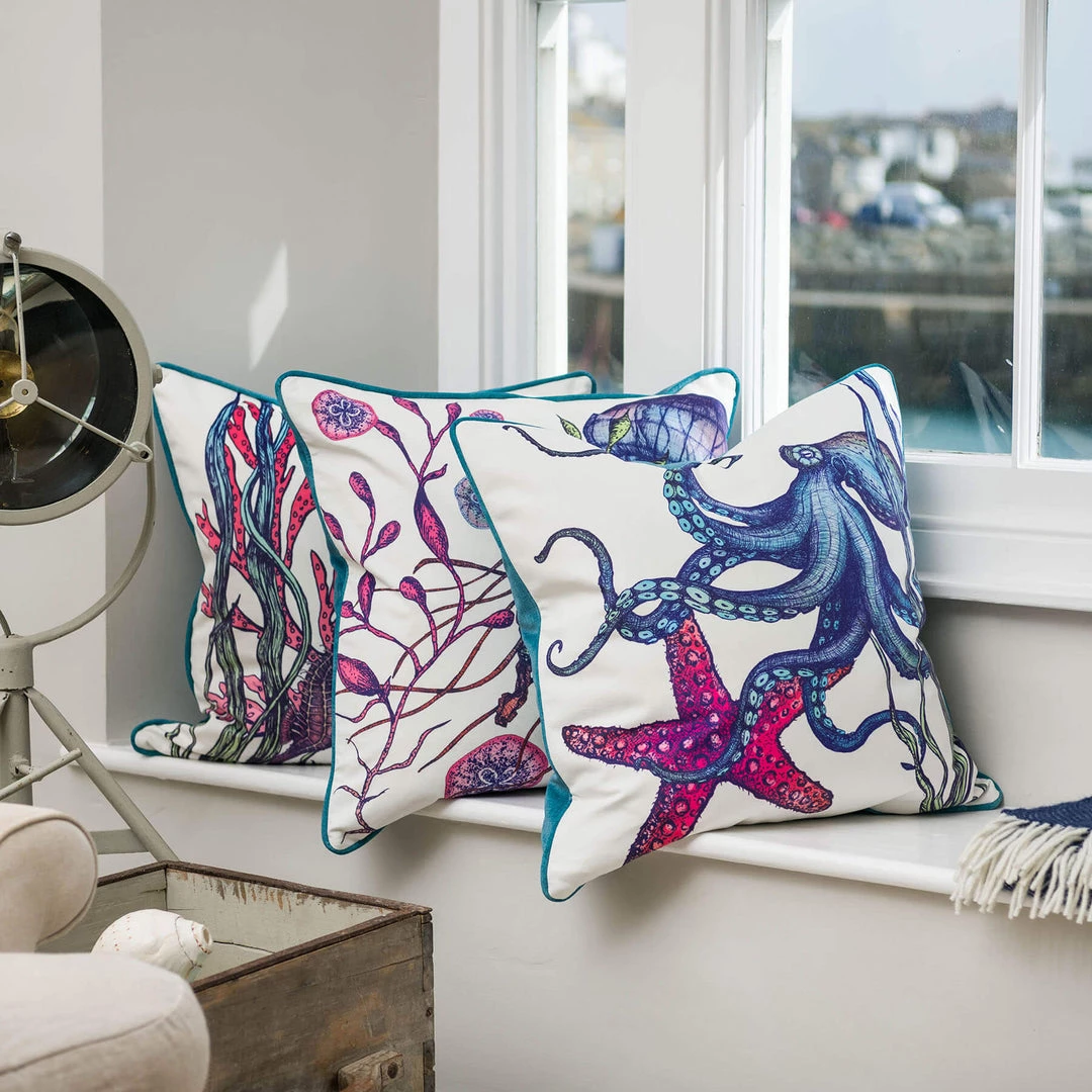 Magic Textiles Rainbow Reef Octopus Velvet Cushion Cover On White Velvet Homeware 2 Magic Textiles Rainbow Reef Octopus Velvet Cushion Cover On White Velvet Homeware