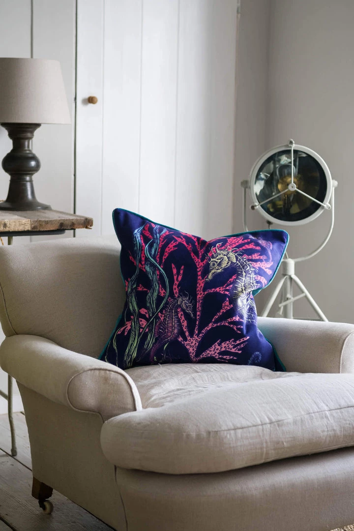 Magic Textiles Ningaloo Reef Seahorse Velvet Cushion Cover On Navy Velvet Homeware 2 Magic Textiles Ningaloo Reef Seahorse Velvet Cushion Cover On Navy Velvet Homeware
