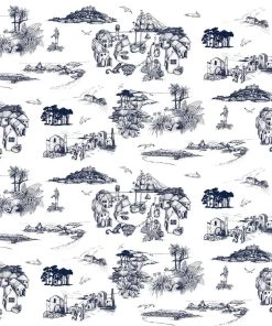 Magic Textiles Cornish Toile Design Linen Fabric - Off White