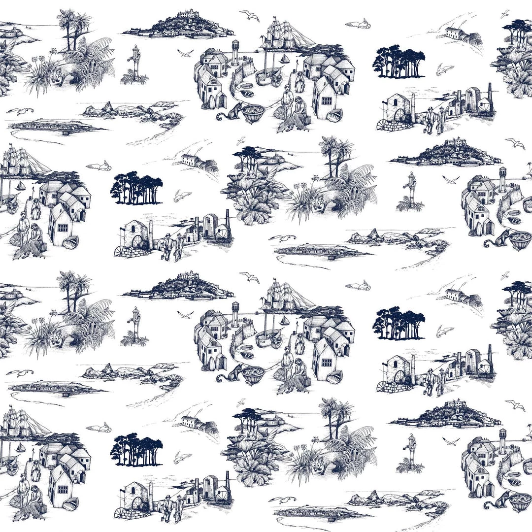 Magic Textiles Cornish Toile Design Linen Fabric - Off White 1 Magic Textiles Cornish Toile Design Linen Fabric - Off White