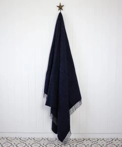 John Hanly Oversized Cashmere Throw Dark Navy Herringbone Homeware
