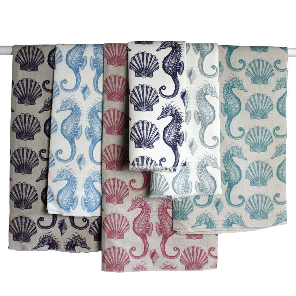 Magic Textiles Seahorse Organic Linen Fabric - Cornish Blue On Natural Homeware 2 Magic Textiles Seahorse Organic Linen Fabric - Cornish Blue On Natural Homeware