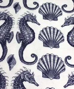 Magic Textiles Seahorse Organic Linen Upholstery Fabric - Navy On Off-White Homeware