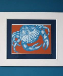 Cream Cornwall Wall Decor Crab Art Print In Bright Blue And Orange In Three Sizes - A2, A3 And A4