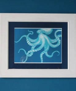 Cream Cornwall Octopus Art Print In Turquoise And Blue In Three Sizes - A2, A3 And A4