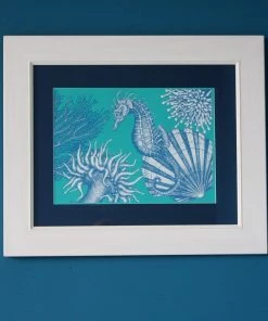 Cream Cornwall Seahorse Scene Art Print In Turquoise And Blue In Three Sizes - A2, A3 And A4