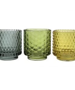 Light & Living Set Of Three Glass Tea Lights-Ginger/Dark Green/Olive Green
