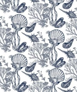 Magic Textiles Homeware Helford Shell Organic Linen Fabric - Navy On Off-White