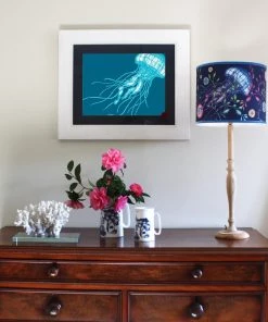 Cream Cornwall Wall Decor Jellyfish Art Print In Turquoise And Blue In Three Sizes - A2, A3 And A4