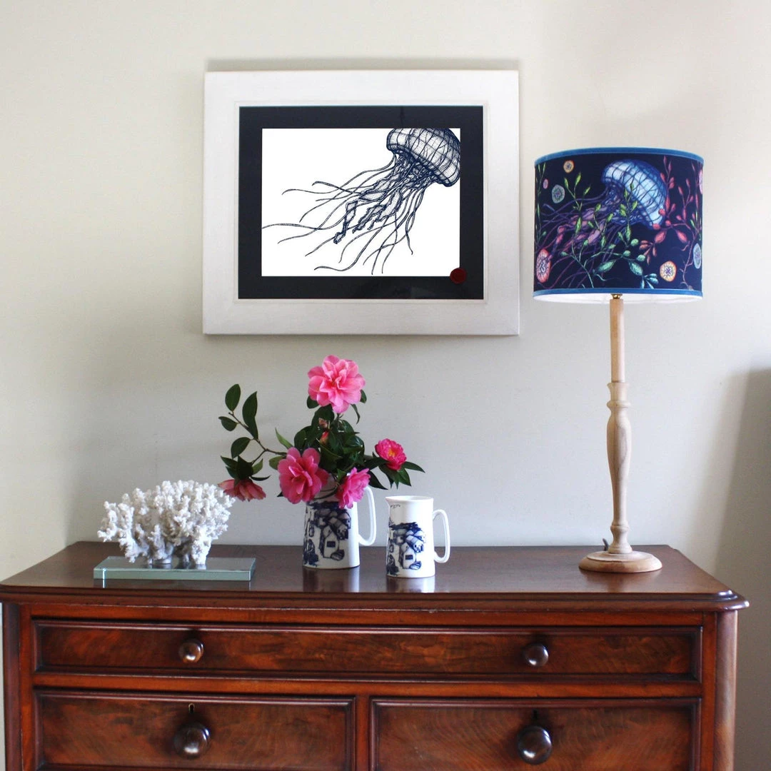 Cream Cornwall Wall Decor Jellyfish Art Print In Blue On White In Three Sizes - A2, A3 And A4 3 Cream Cornwall Wall Decor Jellyfish Art Print In Blue On White In Three Sizes - A2, A3 And A4