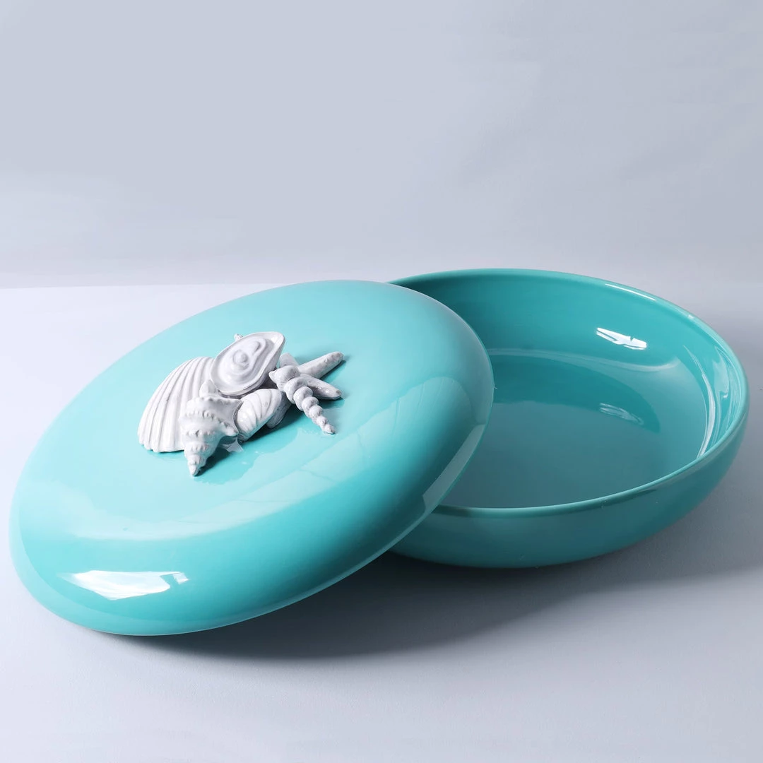 Edelweiss Large Ceramic Seashell Serving Bowl With Lid In Blue New Arrivals 2 Edelweiss Large Ceramic Seashell Serving Bowl With Lid In Blue New Arrivals