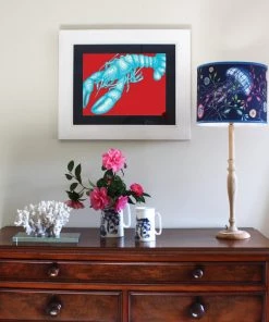 Cream Cornwall Wall Decor Lobster Art Print In Turquoise And Red In Three Sizes - A2, A3 And A4