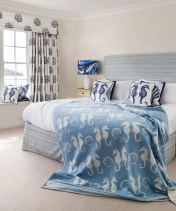John Spencer Reversible Seahorse Throw - Soft Blue & Ecru Homeware
