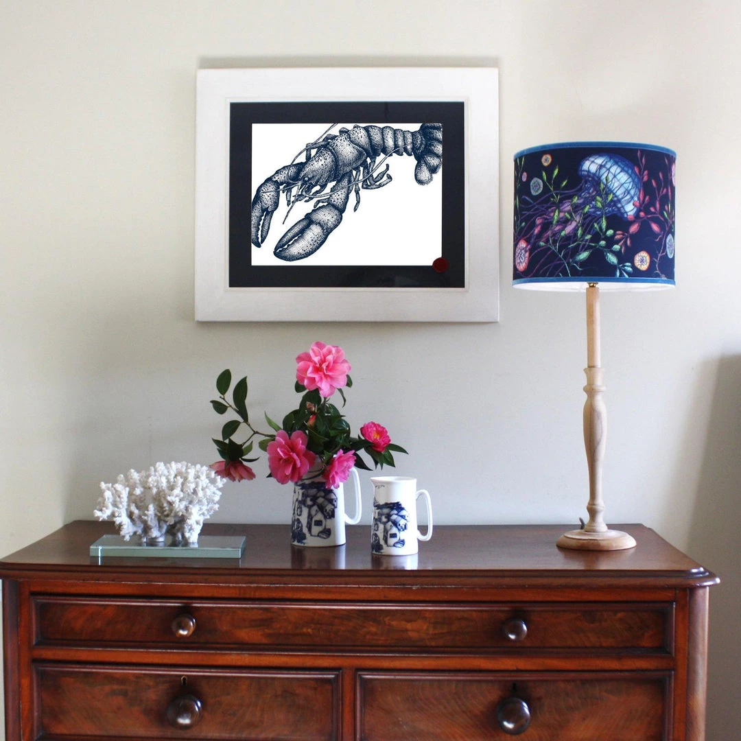 Cream Cornwall Lobster Art Print In Blue On White In Three Sizes - A2, A3 And A4 3 Cream Cornwall Lobster Art Print In Blue On White In Three Sizes - A2, A3 And A4