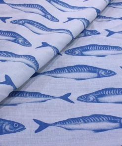 Magic Textiles Mackerel Organic Linen Fabric - Cornish Blue On Off-White