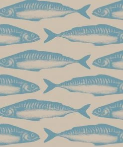 Magic Textiles Mackerel Organic Linen Fabric - Cornish Blue On Natural Homeware